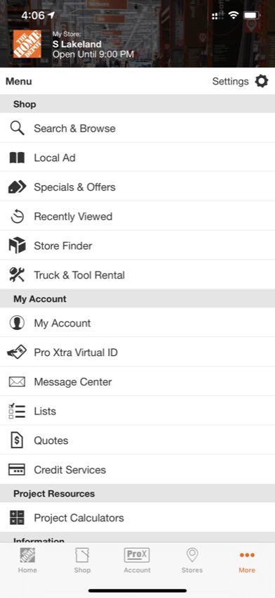 Home Depot app settings
