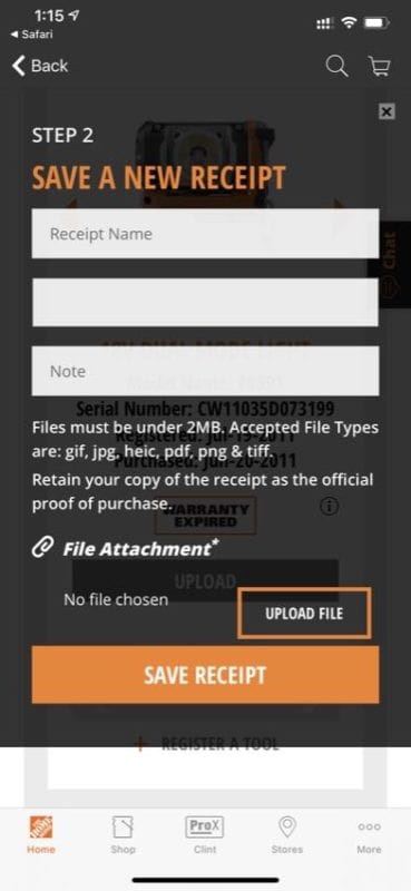 upload Ridgid tools receipt