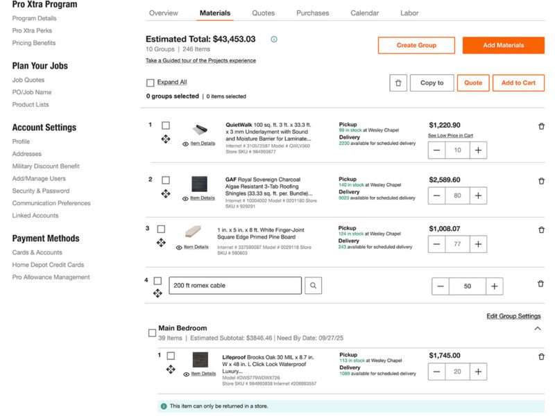 Home Depot Project Planning Tool Estimate